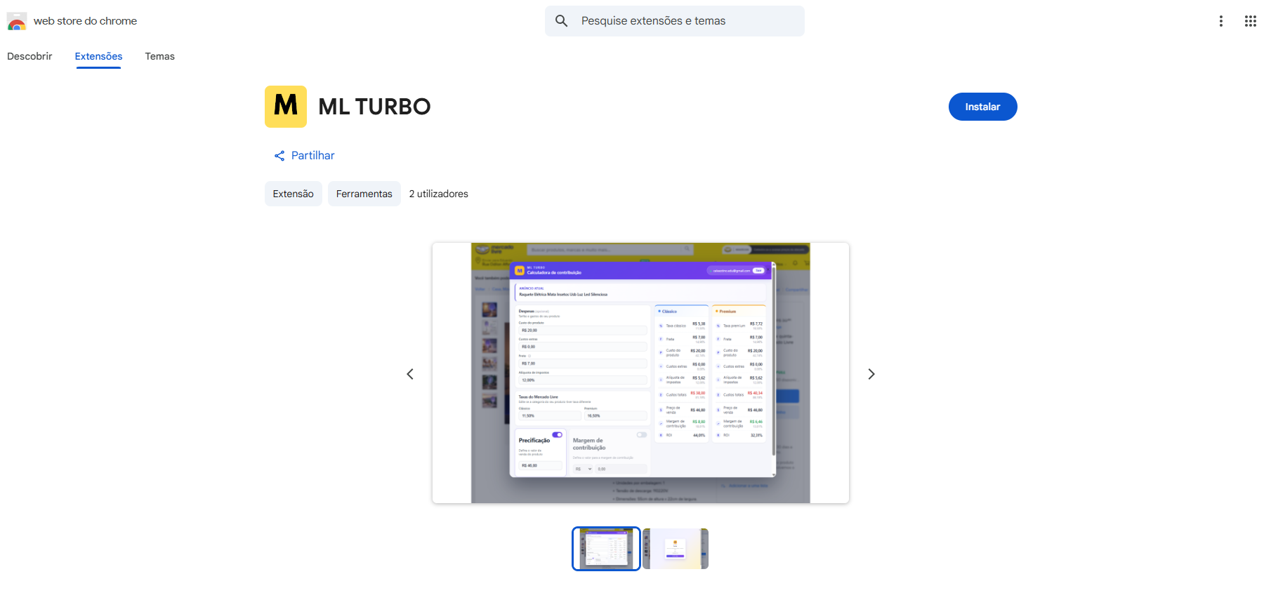 Página do ML TURBO na Chrome Web Store com o botão Usar no Chrome em destaque