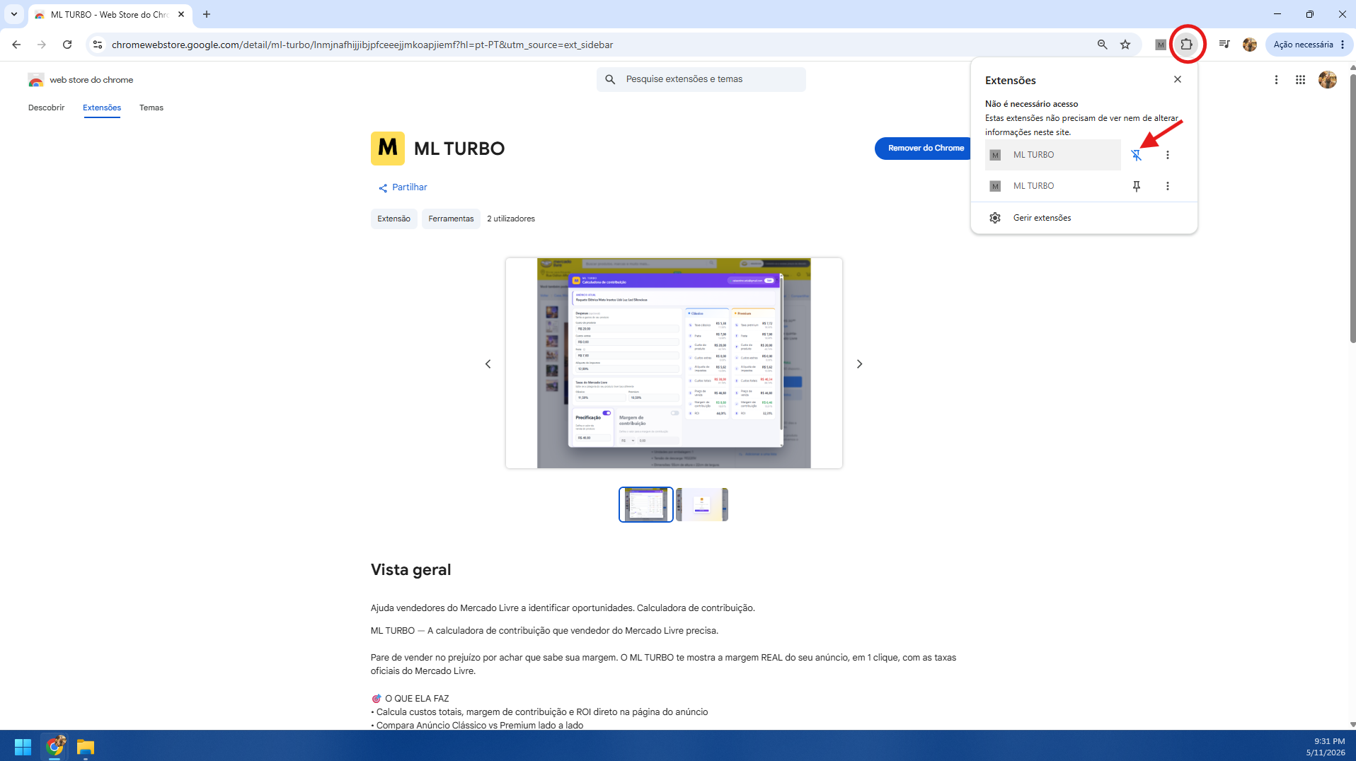 Menu de extensões do Chrome com o alfinete do ML TURBO destacado