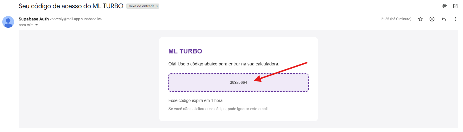 Email recebido pelo usuário contendo o código de acesso de 6 dígitos