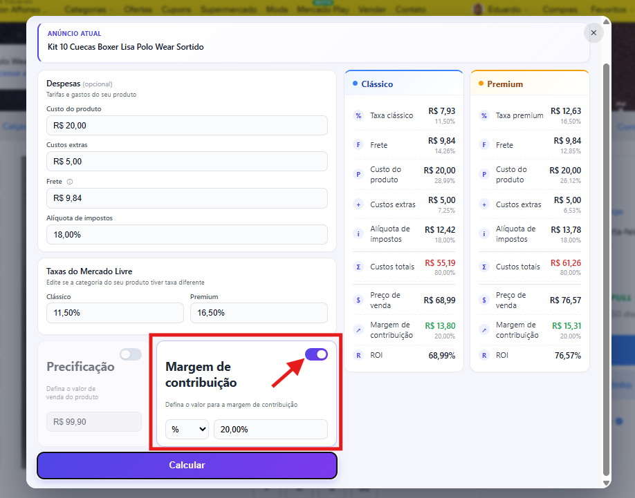 Calculadora no modo Margem desejada mostrando o preço de venda calculado a partir de uma margem em porcentagem
